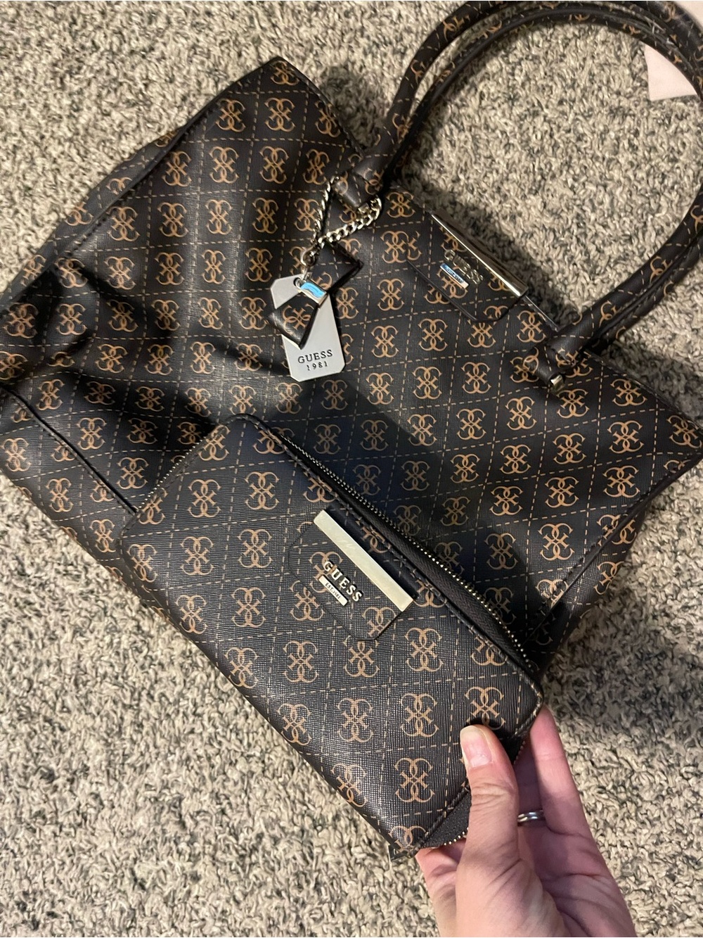 GUESS Brown Logo Tote with Matching Wallet - Picture 2 of 5